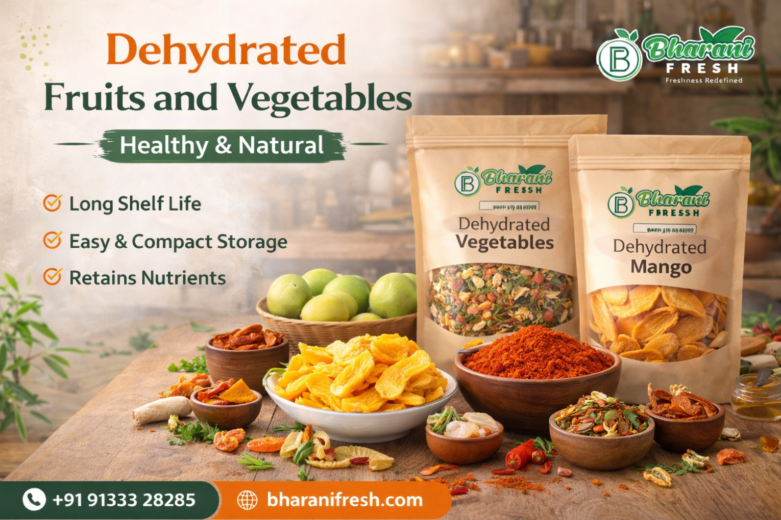 Dehydrated fruits and vegetables produced with in-house manufacturing