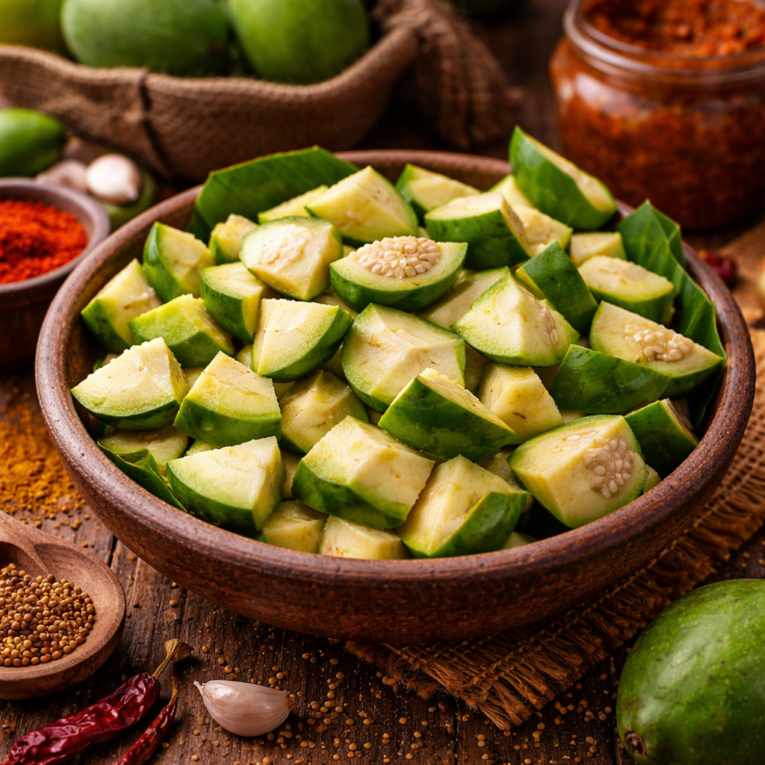 Fresh pickle mango pieces ready cut raw mango for homemade pickle preparation